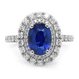 Platinum 1.14ct Oval Cut Blue Sapphire Ring With 0.91ct Double Diamond Halo And Diamond Set Shoulders