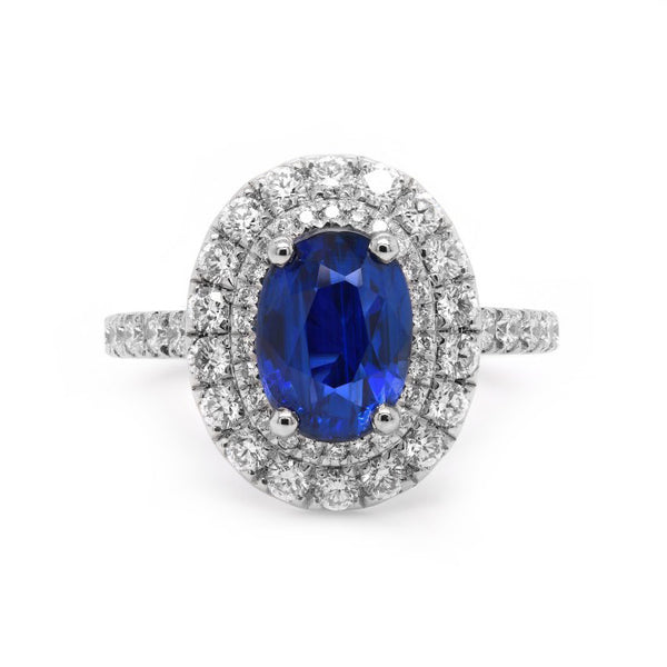 Platinum 1.14ct Oval Cut Blue Sapphire Ring With 0.91ct Double Diamond Halo And Diamond Set Shoulders