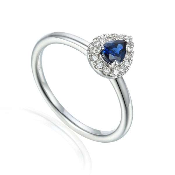18ct White Gold 0.43ct Pear Cut Blue Sapphire Ring With 0.12ct Diamond Halo