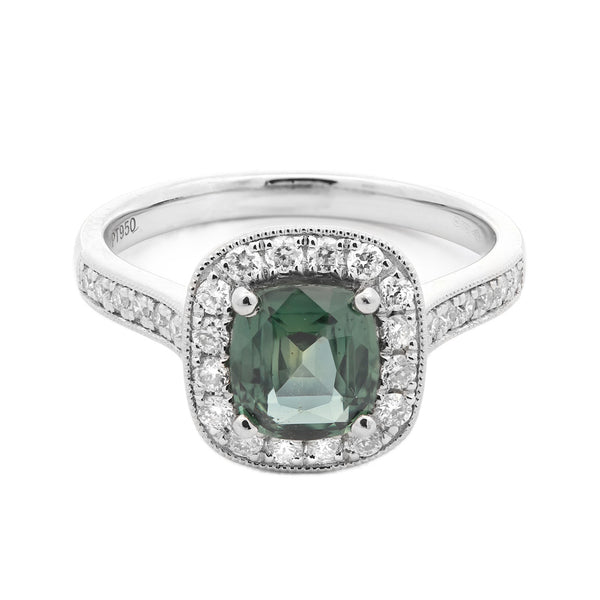 Platinum 1.20ct Cushion Cut Teal Sapphire Ring With 0.33ct Diamond Halo And Diamond Set Shoulders