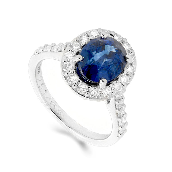 Platinum 2.51ct Oval Cut Blue Sapphire Ring With 0.66ct Diamond Halo And Diamond Set Shoulders