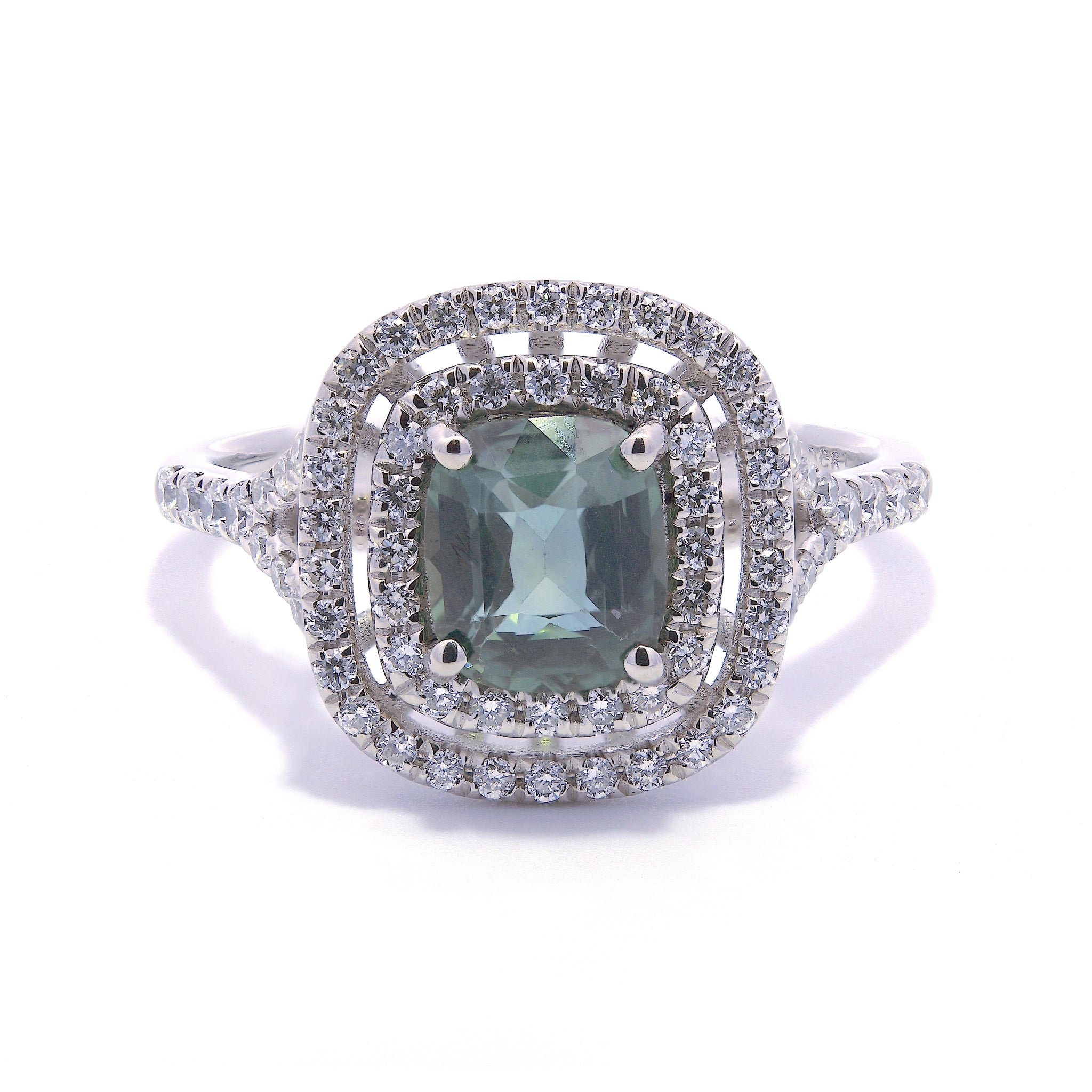 Platinum 1.13ct Cushion Cut Teal Sapphire Ring With 0.41ct Double Diamond Halo And Diamond Set Split Shoulders