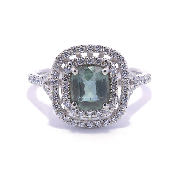 Platinum 1.13ct Cushion Cut Teal Sapphire Ring With 0.41ct Double Diamond Halo And Diamond Set Split Shoulders