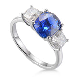 Platinum Cushion Cut 2.28ct Blue Sapphire And 1.02ct Diamond Three Stone Ring