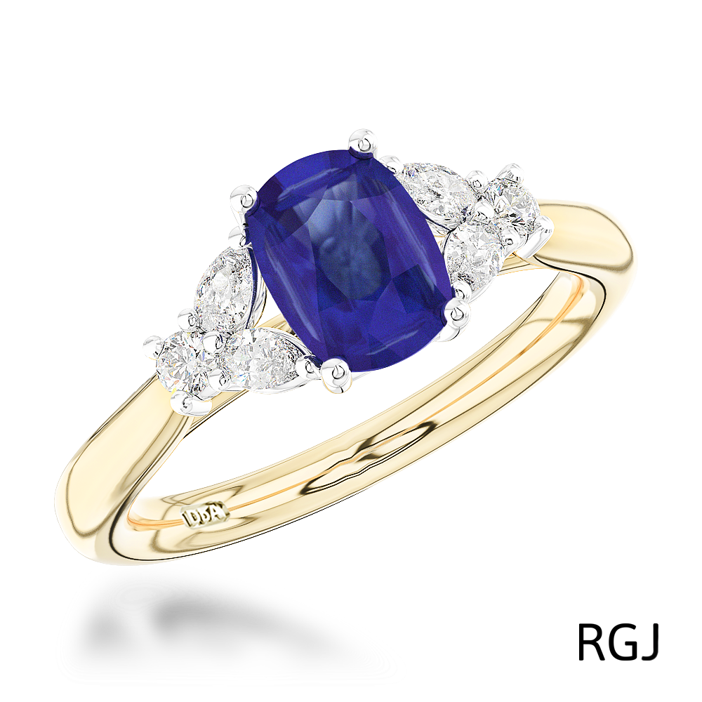 The Amara 18ct Yellow Gold 1.07ct Cushion Cut Blue Sapphire And 0.27ct Diamond Ring