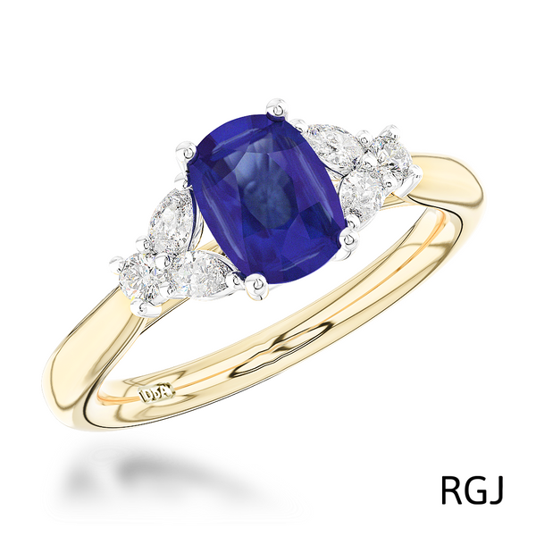 The Amara 18ct Yellow Gold 1.07ct Cushion Cut Blue Sapphire And 0.27ct Diamond Ring