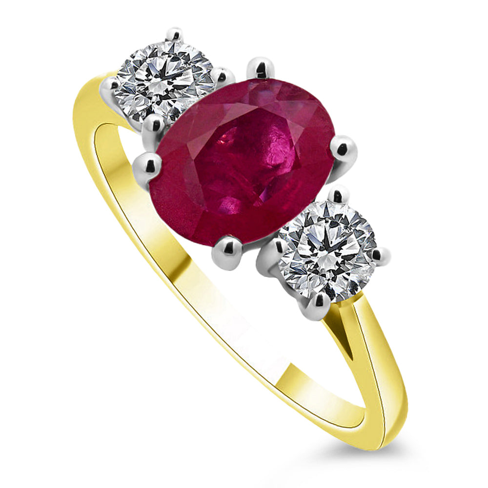 18ct Yellow Gold 1.48ct Oval Cut Ruby And 0.55ct Round Brilliant Cut Diamond Three Stone Ring