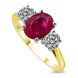 18ct Yellow Gold 1.48ct Oval Cut Ruby And 0.55ct Round Brilliant Cut Diamond Three Stone Ring