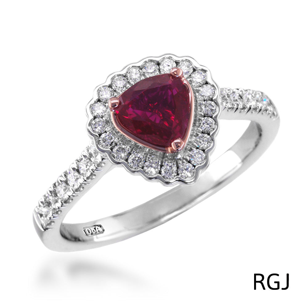 The Faroe Platinum 0.65ct Trilliant Cut Ruby Ring With 0.33ct Scalloped Diamond Halo And Diamond Set Shoulders