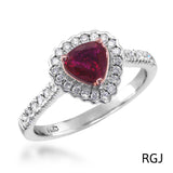 The Faroe Platinum 0.65ct Trilliant Cut Ruby Ring With 0.33ct Scalloped Diamond Halo And Diamond Set Shoulders