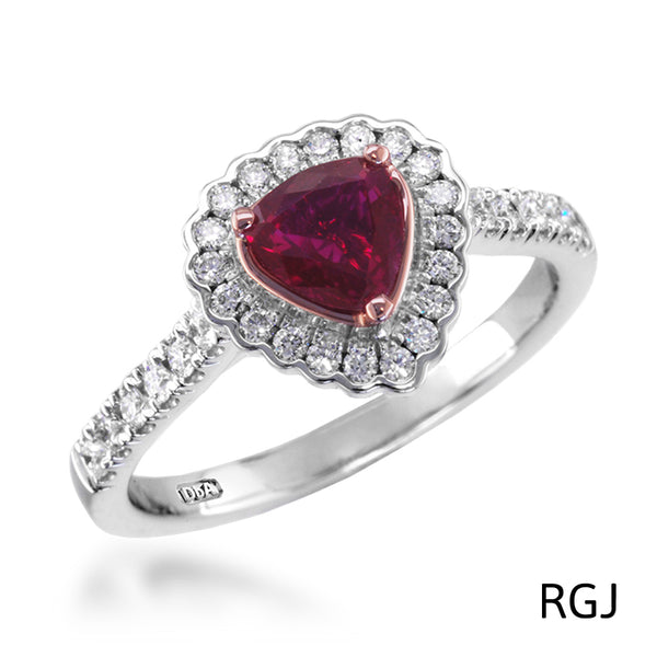 The Faroe Platinum 0.65ct Trilliant Cut Ruby Ring With 0.33ct Scalloped Diamond Halo And Diamond Set Shoulders