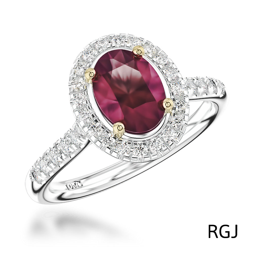 The Skye Platinum 2.13ct Oval Cut Ruby Ring With 0.42ct Diamond Halo And Diamond Set Shoulders
