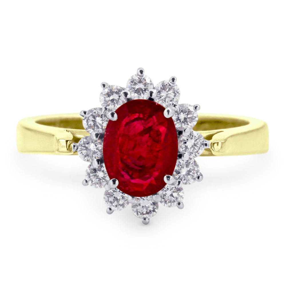 18ct Yellow Gold 1.05ct Oval Ruby And 0.42ct Diamond Cluster Ring