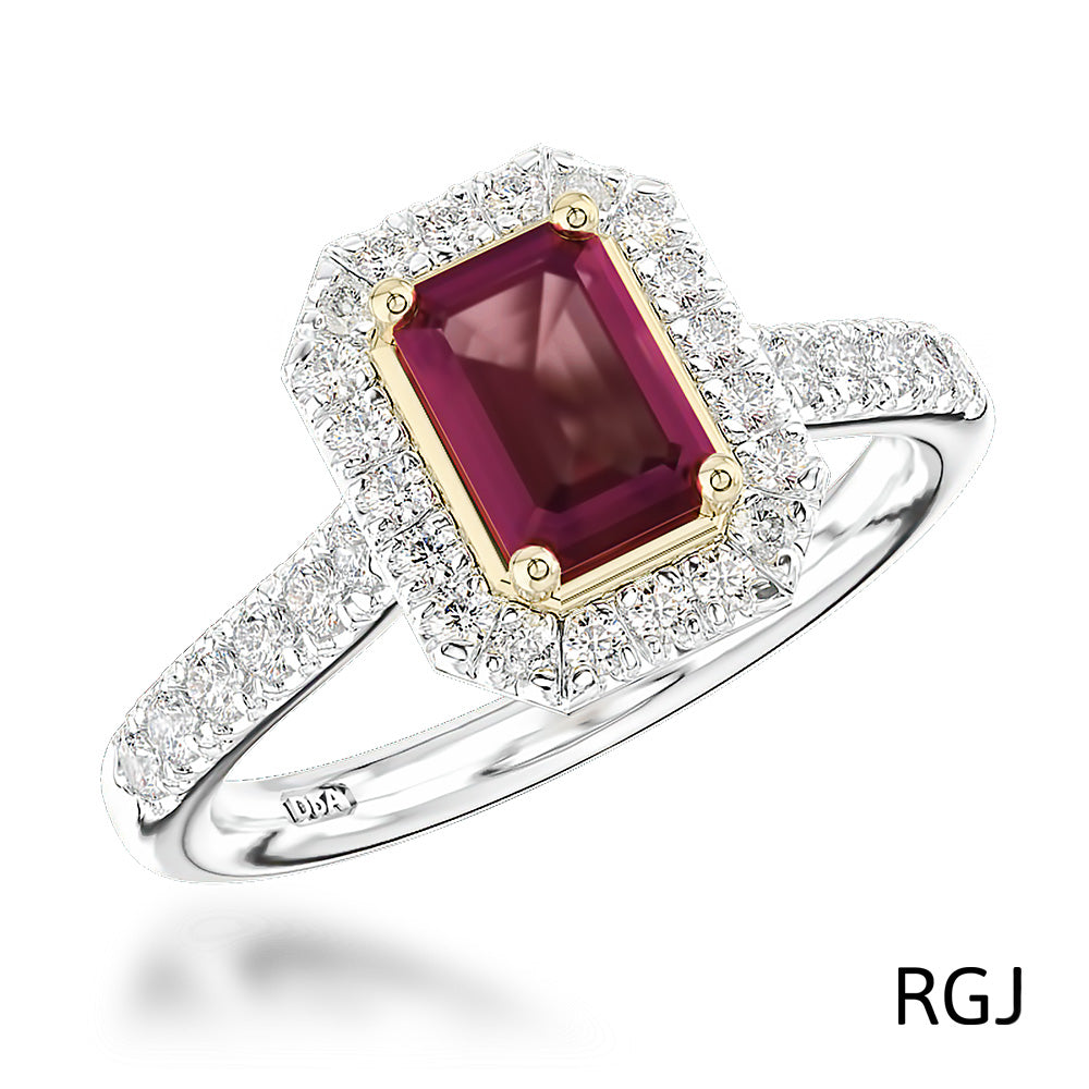 The Skye Platinum 1.15ct Emerald Cut Ruby Ring With 0.41ct Diamond Halo And Diamond Set Shoulders