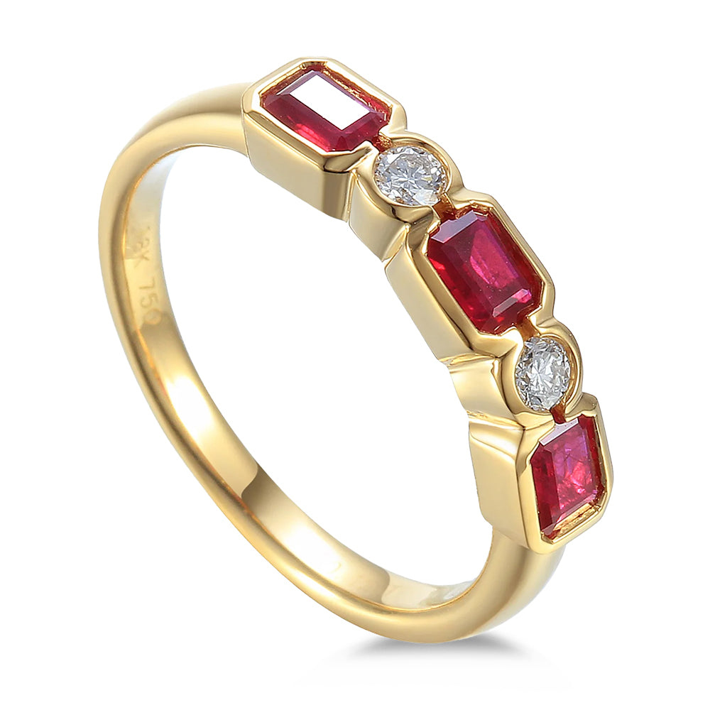 18ct Yellow Gold 0.83ct Octagon Cut Ruby And 0.11ct Round Brilliant Cut Diamond Five Stone Ring