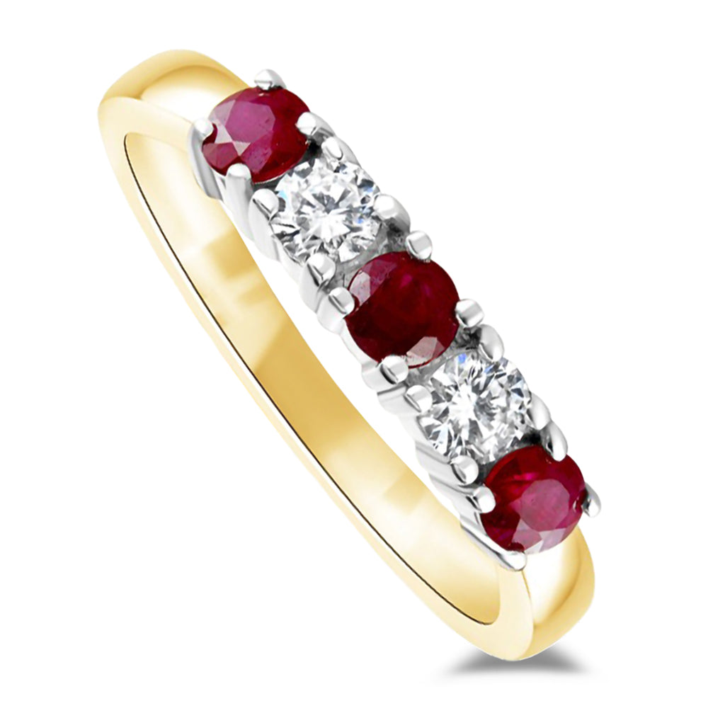 18ct Yellow And White Gold 0.22ct Ruby and 0.14ct Diamond Round Brilliant Cut Five Stone Ring