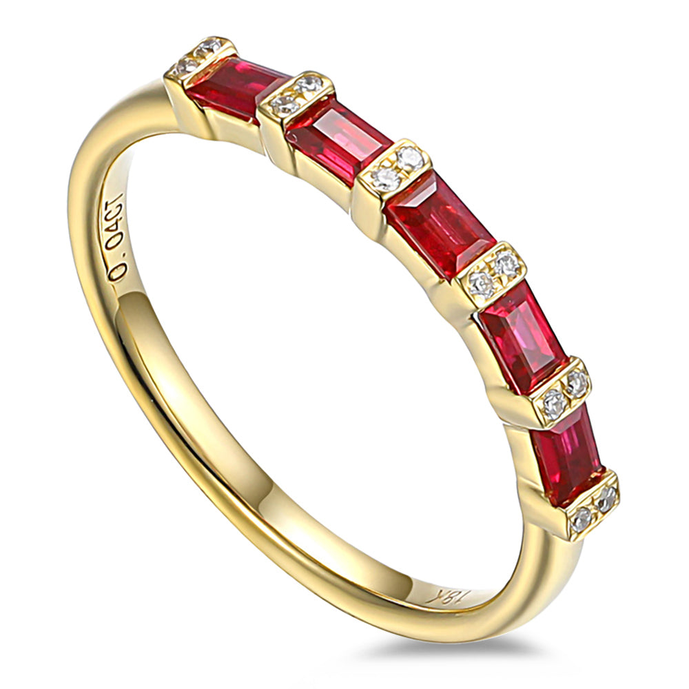 18ct Yellow Gold 0.51ct Baguette Cut Ruby And 0.04ct Round Brilliant Cut Diamond Ring