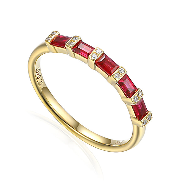 18ct Yellow Gold 0.51ct Baguette Cut Ruby And 0.04ct Round Brilliant Cut Diamond Ring