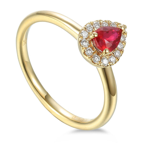 18ct Yellow Gold 0.48ct Pear Cut Ruby Ring With 0.12ct Diamond Halo