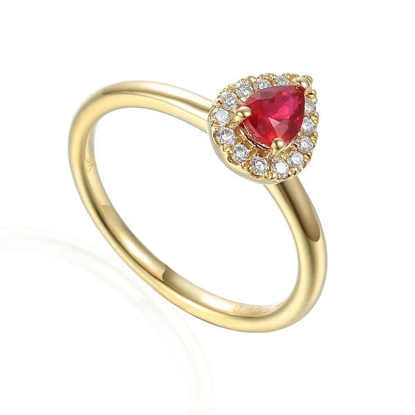 18ct Yellow Gold 0.48ct Pear Cut Ruby Ring With 0.12ct Diamond Halo