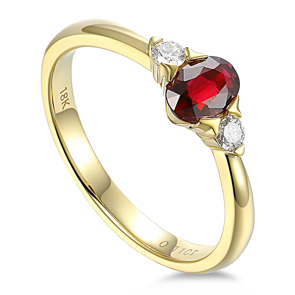 18ct Yellow Gold 0.60ct Oval Cut Ruby And 0.13ct Round Brilliant Cut Diamond Three Stone Ring