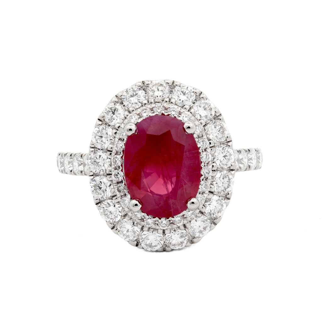 Platinum 1.93ct Oval Cut Ruby Ring With 1.26ct Double Diamond Halo And Diamond Set Shoulders