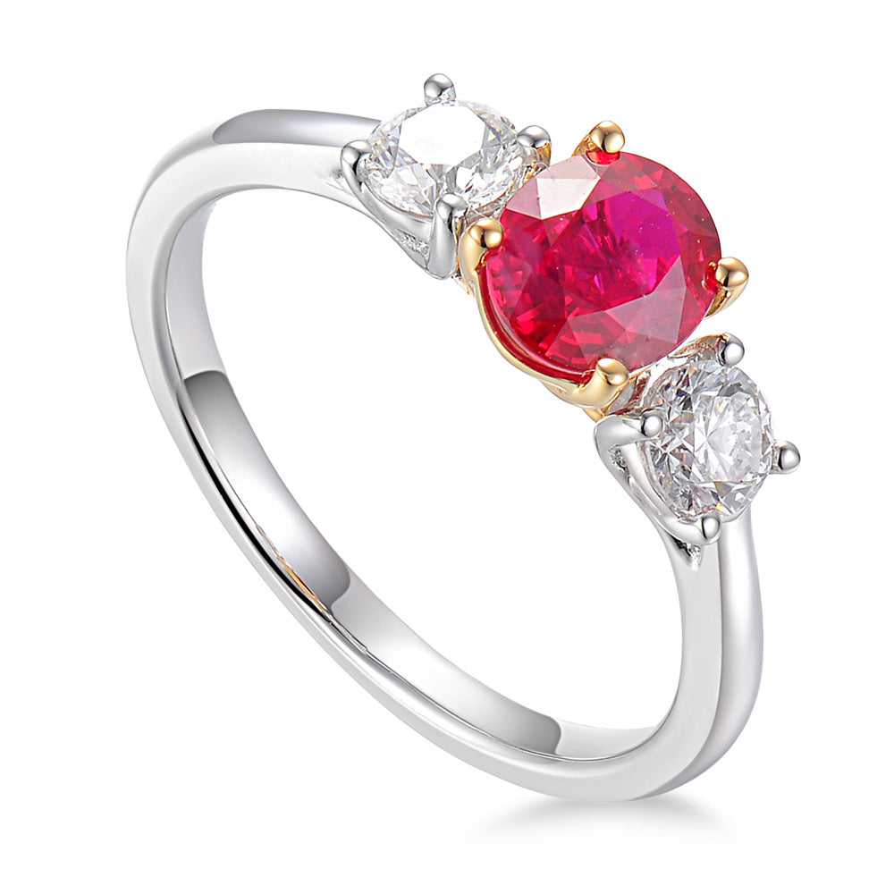 Platinum And 18ct Yellow Gold 0.98ct Oval Cut Ruby And 0.47ct Round Brilliant Cut Diamond Three Stone Ring