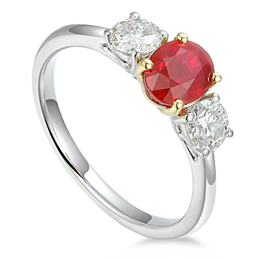 Platinum And 18ct Yellow Gold 1.21ct Oval Cut Ruby And 0.58ct Round Brilliant Cut Diamond Three Stone Ring