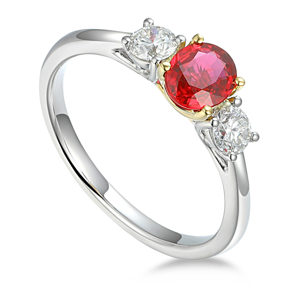 Platinum And 18ct Yellow Gold 0.67ct Oval Cut Ruby And 0.36ct Round Brilliant Cut Diamond Three Stone Ring