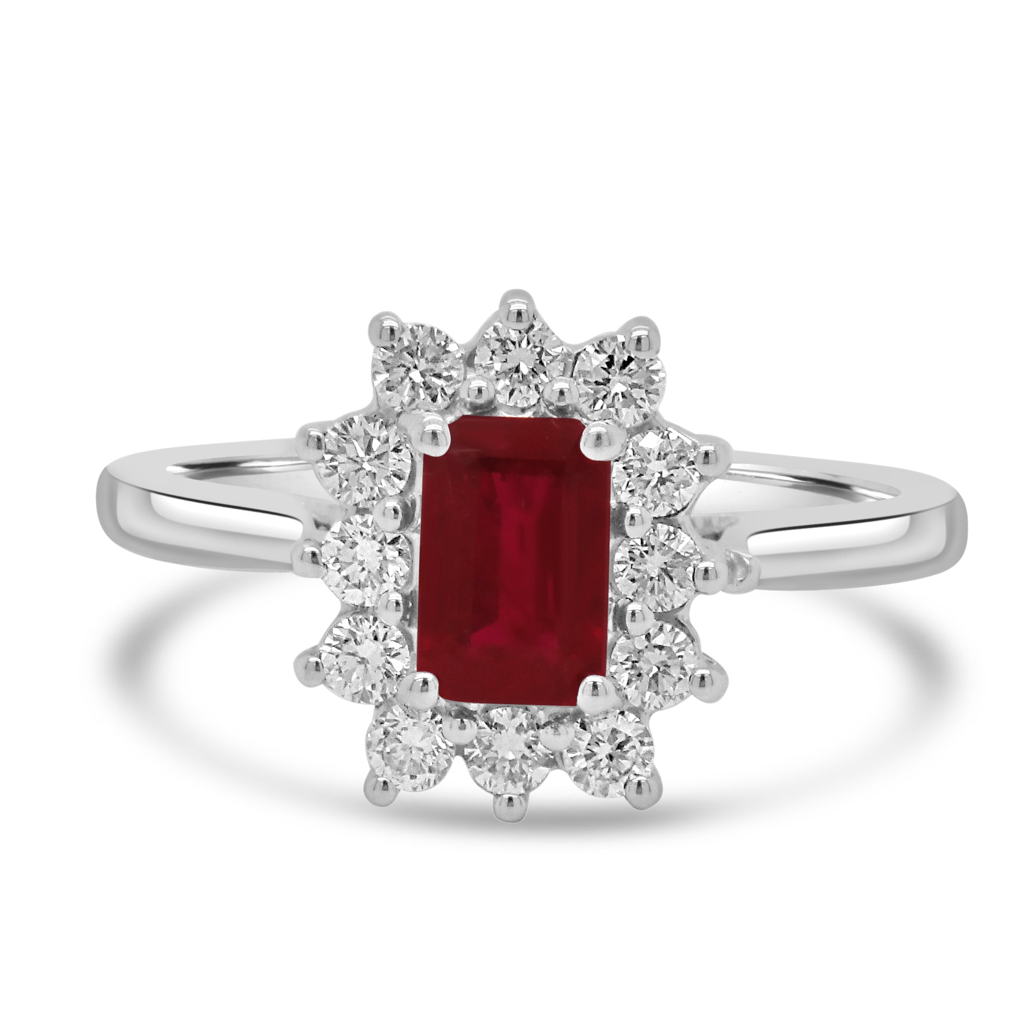 18ct White Gold 0.50ct Ruby And 0.38ct Diamond Halo Cluster Ring