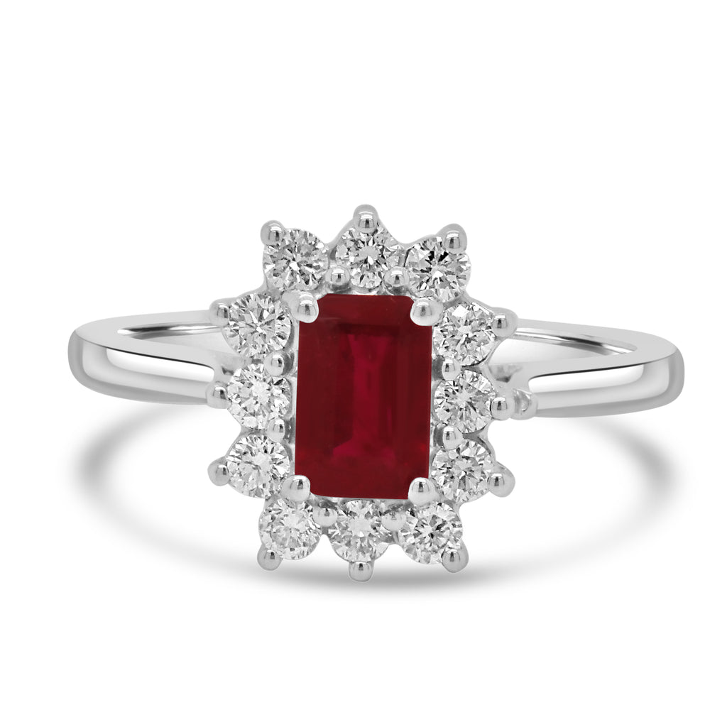 18ct White Gold 0.50ct Ruby And 0.38ct Diamond Halo Cluster Ring