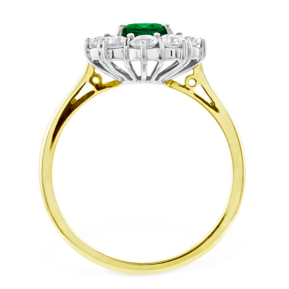 18ct Yellow Gold 0.88ct Oval Cut Emerald And 0.93ct Round Brilliant Cut Diamond Cluster Ring