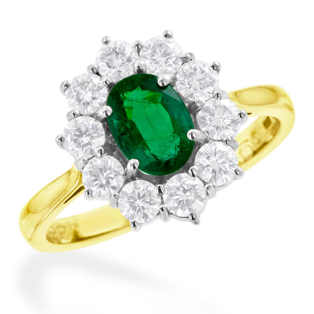 18ct Yellow Gold 0.88ct Oval Cut Emerald And 0.93ct Round Brilliant Cut Diamond Cluster Ring