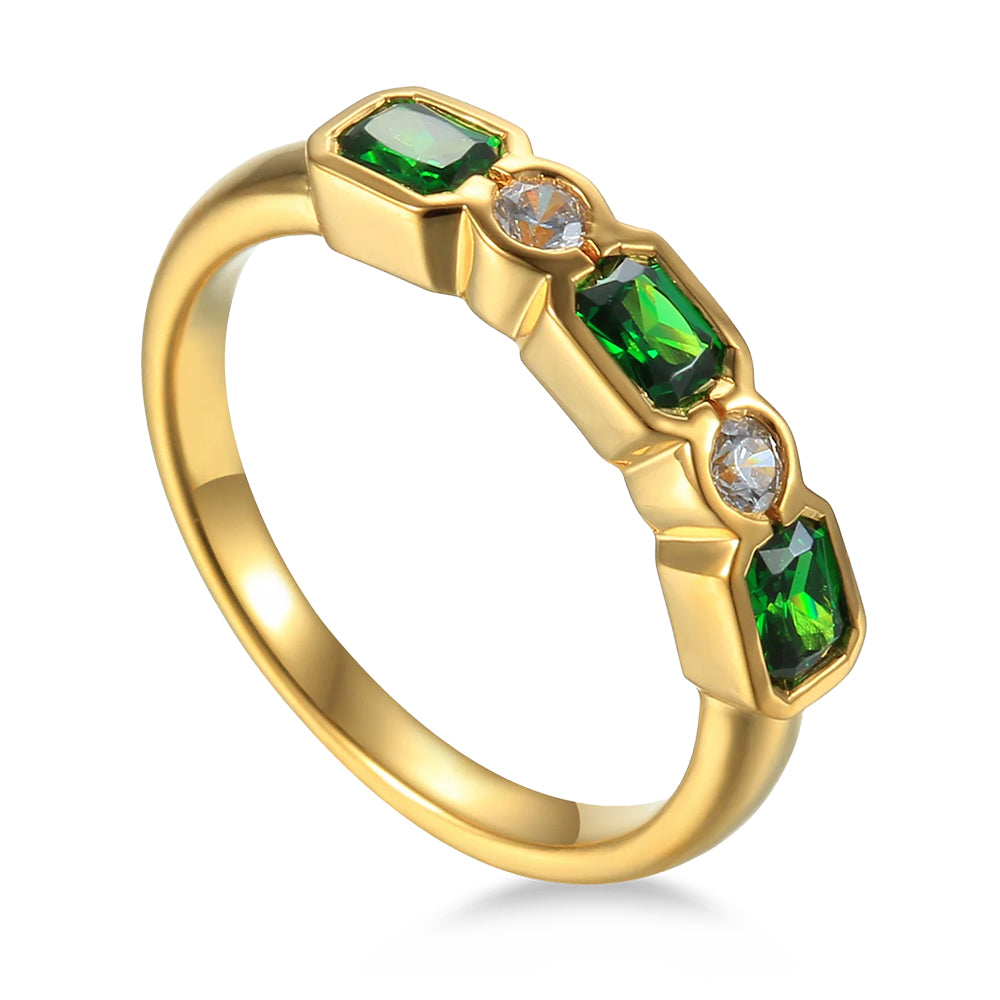 18ct Yellow Gold 0.58ct Octagon Cut Emerald And 0.12ct Round Brilliant Cut Diamond Five Stone Ring