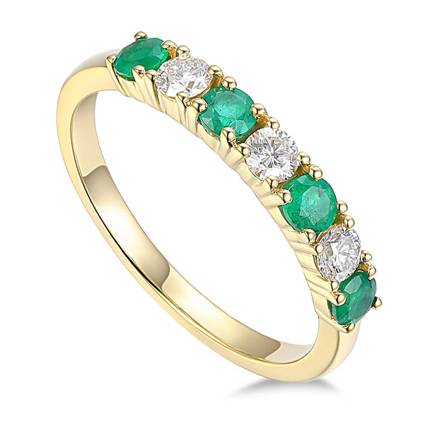 18ct Yellow Gold 0.30ct Emerald And 0.19ct Diamond Round Brilliant Cut Seven Stone Ring