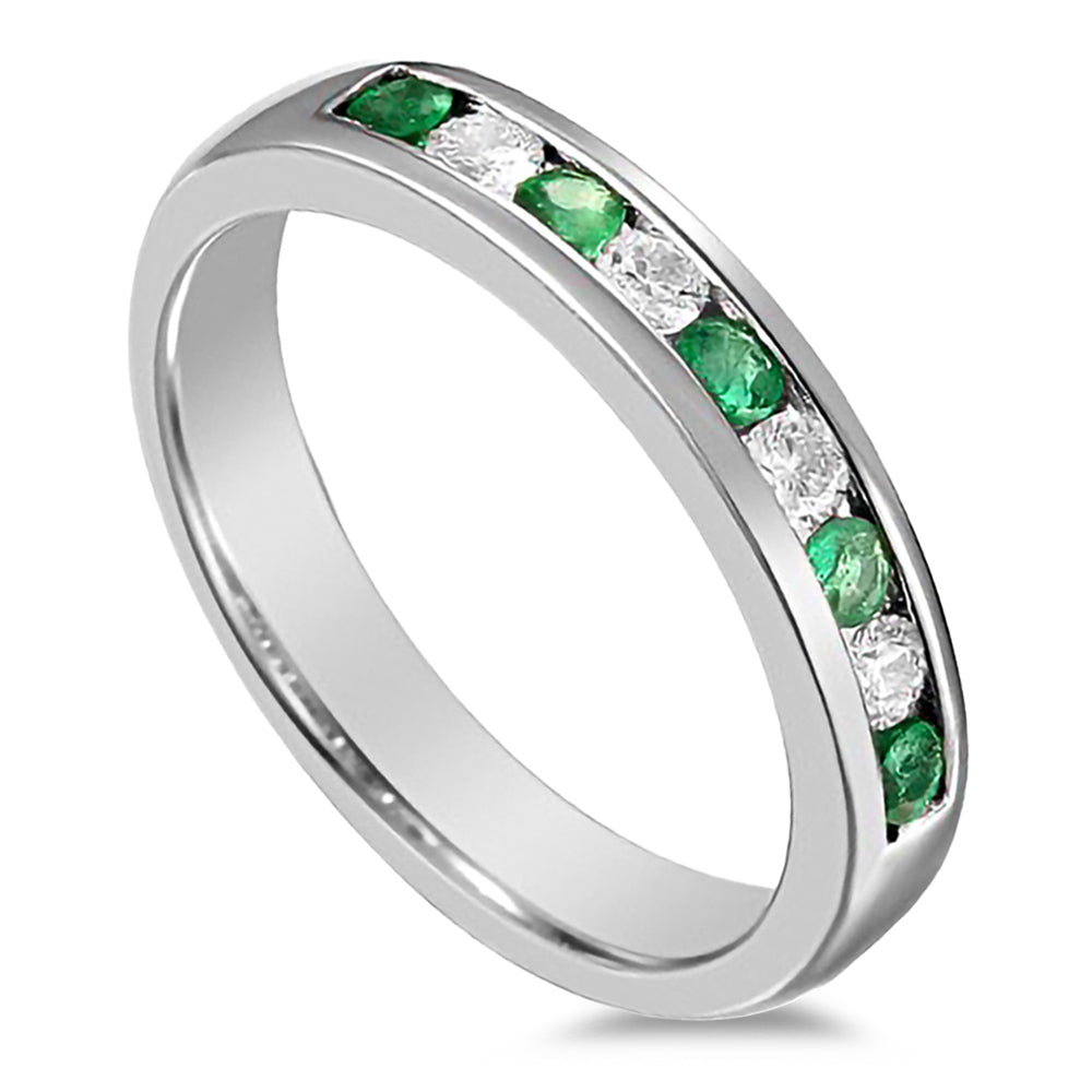 18ct White Gold 0.25ct Emerald And 0.20ct Diamond Round Brilliant Cut Half Eternity Ring