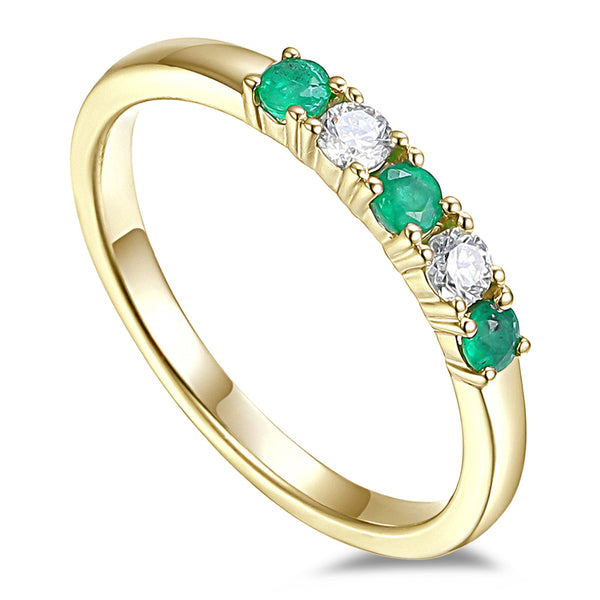 18ct Yellow Gold 0.22ct Emerald And 0.13ct Diamond Round Brilliant Cut Five Stone Ring