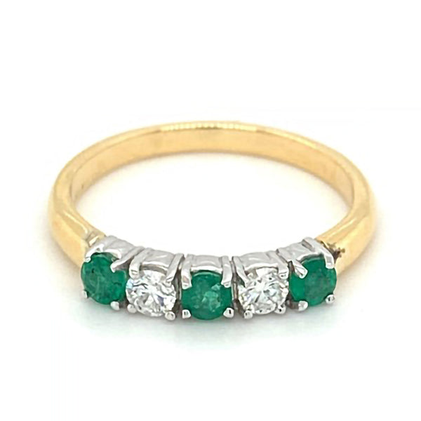 18ct Yellow And White Gold 0.22ct Emerald And 0.13ct Diamond Round Brilliant Cut Five Stone Ring