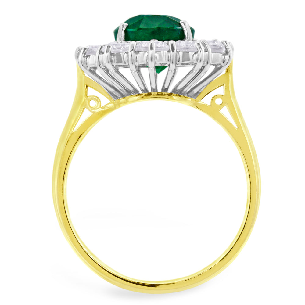 18ct Yellow And White Gold 3.33ct Oval Cut Emerald And 1.74ct Round Brilliant Cut Diamond Cluster Ring