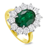 18ct Yellow And White Gold 3.33ct Oval Cut Emerald And 1.74ct Round Brilliant Cut Diamond Cluster Ring