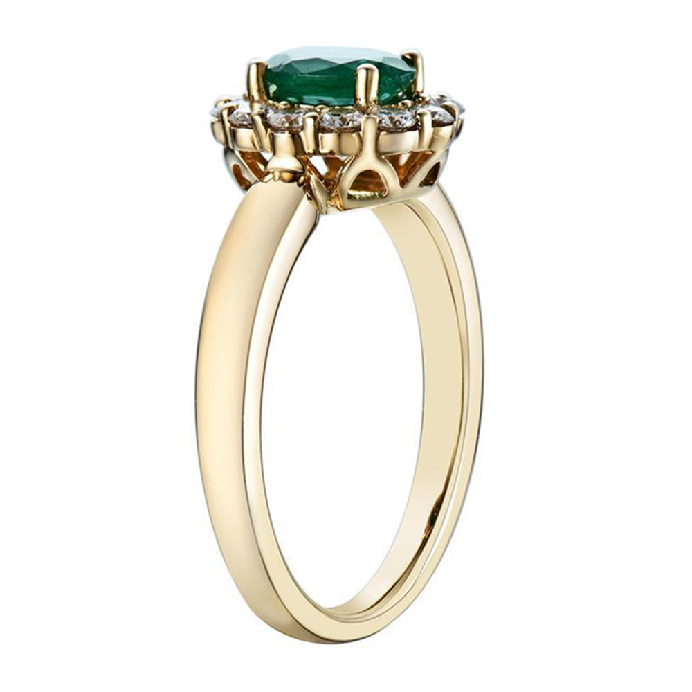 18ct Yellow Gold 0.82ct Oval Cut Emerald And 0.42ct Round Brilliant Cut Diamond Cluster Ring
