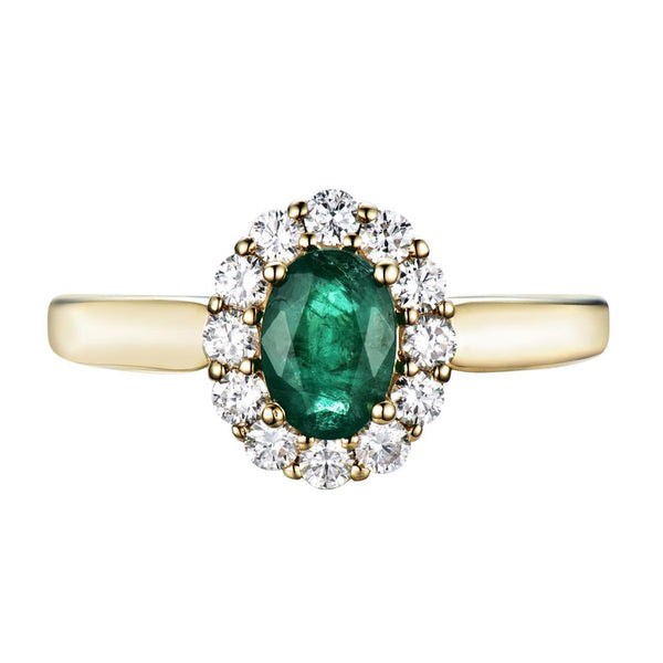 18ct Yellow Gold 0.82ct Oval Cut Emerald And 0.42ct Round Brilliant Cut Diamond Cluster Ring