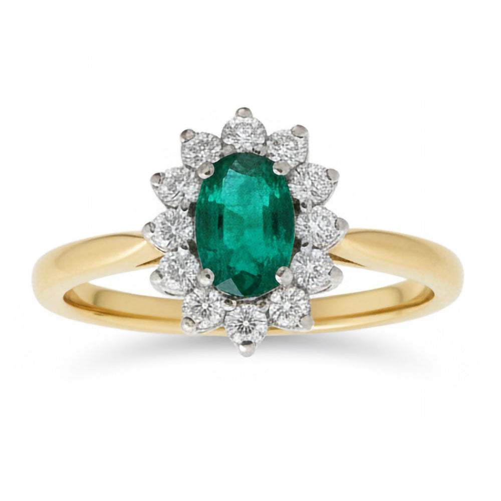 18ct Yellow And White Gold 0.32ct Oval Cut Emerald And 0.29ct Round Brilliant Cut Diamond Cluster Ring