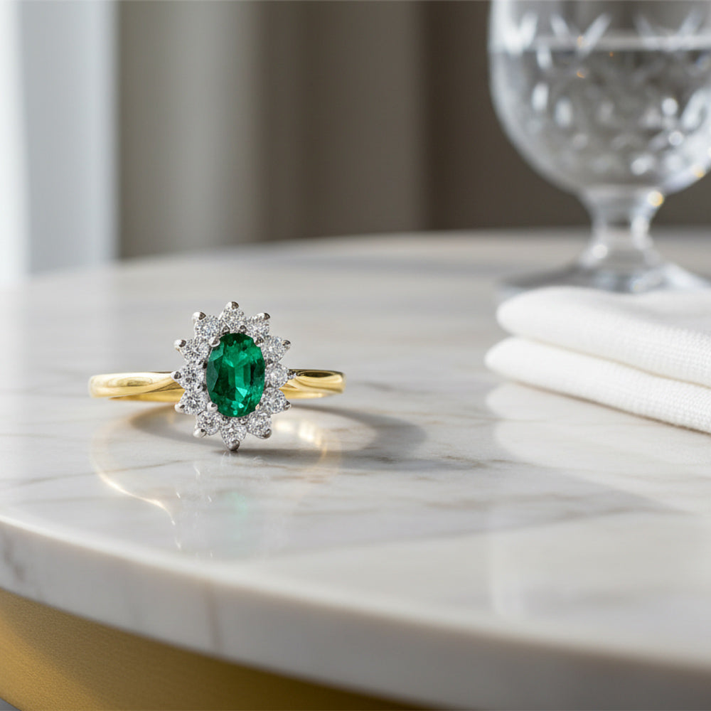 18ct Yellow And White Gold 0.32ct Oval Cut Emerald And 0.29ct Round Brilliant Cut Diamond Cluster Ring