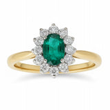 18ct Yellow And White Gold 0.32ct Oval Cut Emerald And 0.29ct Round Brilliant Cut Diamond Cluster Ring