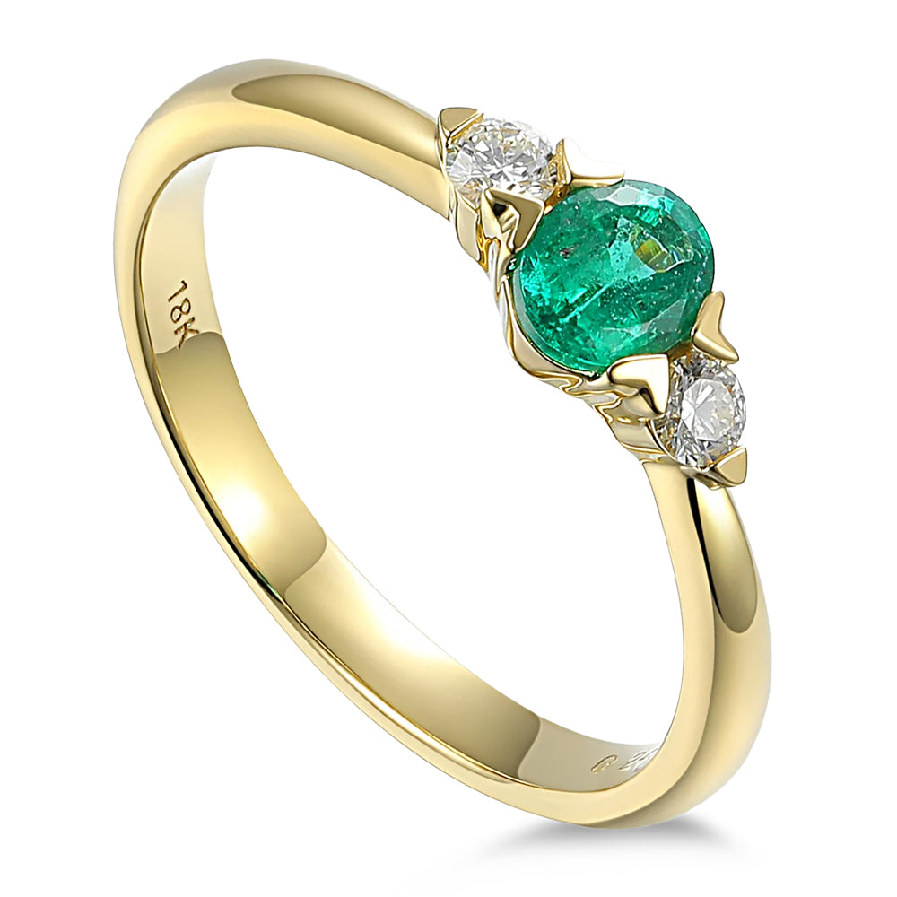 18ct Yellow Gold 0.44ct Oval Cut Emerald And 0.13ct Round Brilliant Cut Diamond Three Stone Ring
