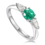 Platinum 0.62ct Round Brilliant Cut Emerald And 0.30ct Pear Cut Diamond Three Stone Ring