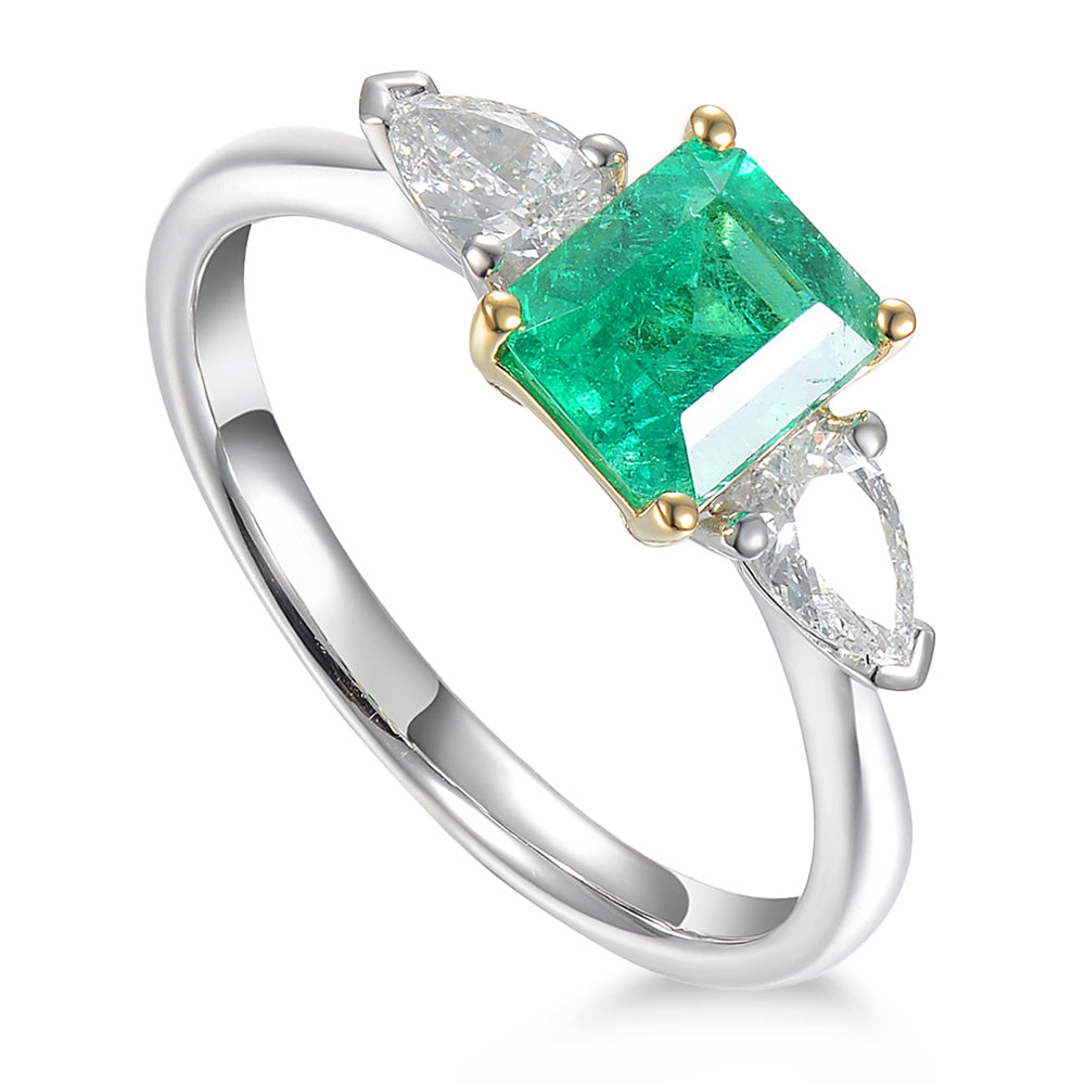 Platinum 0.86ct Octagon Cut Emerald And 0.38ct Pear Cut Diamond Three Stone Ring