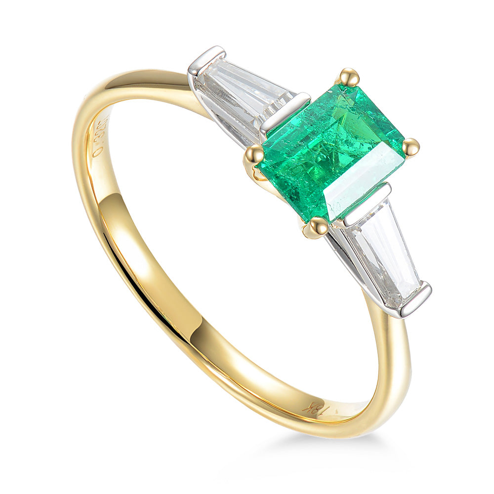 18ct Yellow Gold 0.60ct Octagon Cut Emerald And 0.33ct Tapered Baguette Cut Diamond Three Stone Ring