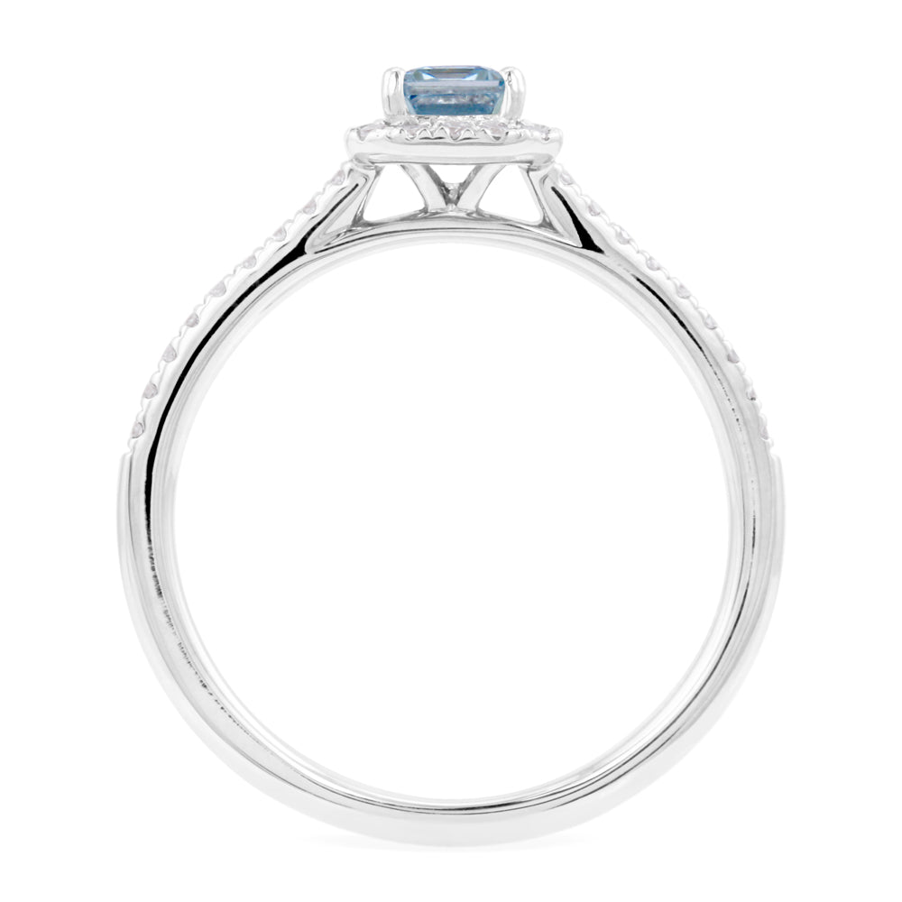 18ct White Gold 0.38ct Emerald Cut Aquamarine And 0.18ct Diamond Halo And Shoulders Ring